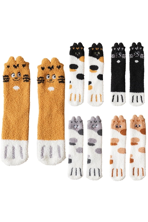 Womens Socks Cartoon Cat Pattern Fluffy Thermal Polyester Breathable Coldproof Soft Plush Casual Indoor Socks