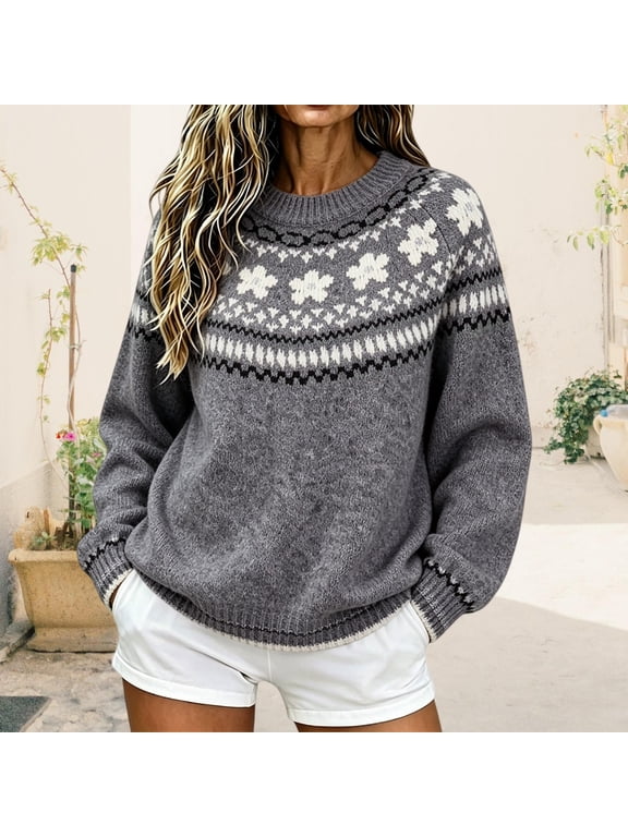 Womens Sweaters Crew Neck Long Sleeve Shirts with Fair Isle Floral Lightweight Soft Womens Pullover Top for Fall Daily Wear