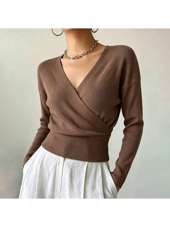Womens Sweatshirt Long Sleeve V-Neck Cropped Waist Slim Fit Ribbed Knit Tops for Women Trendy Casual Street Wear Daily Outfits