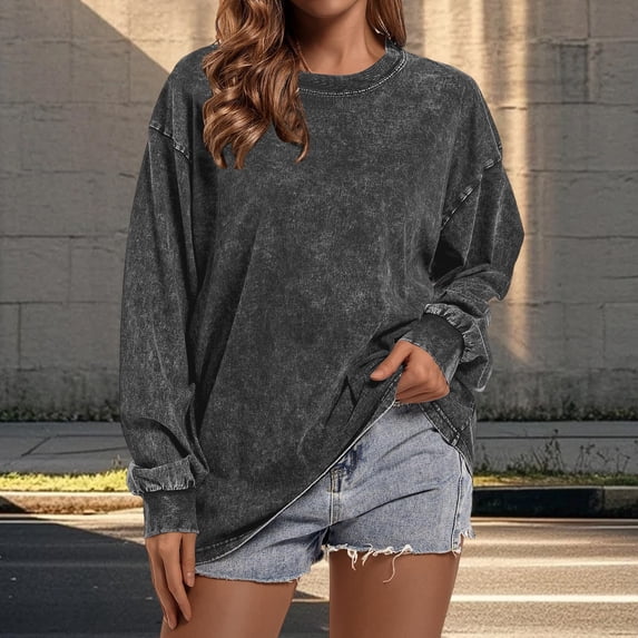 Harpily Womens Shirts Crew Neck Long Sleeve Acid Wash Textured Drop Shoulder Blouses for Women Casual Daily Outfits