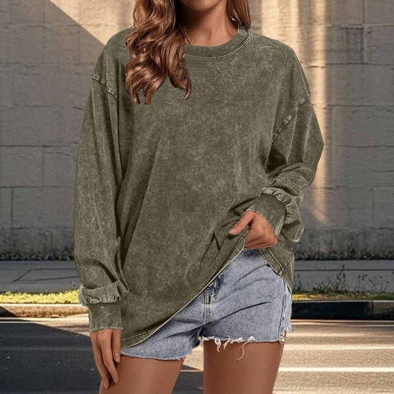 Harpily Womens Shirts Crew Neck Long Sleeve Acid Wash Textured Drop Shoulder Blouses for Women Casual Daily Outfits