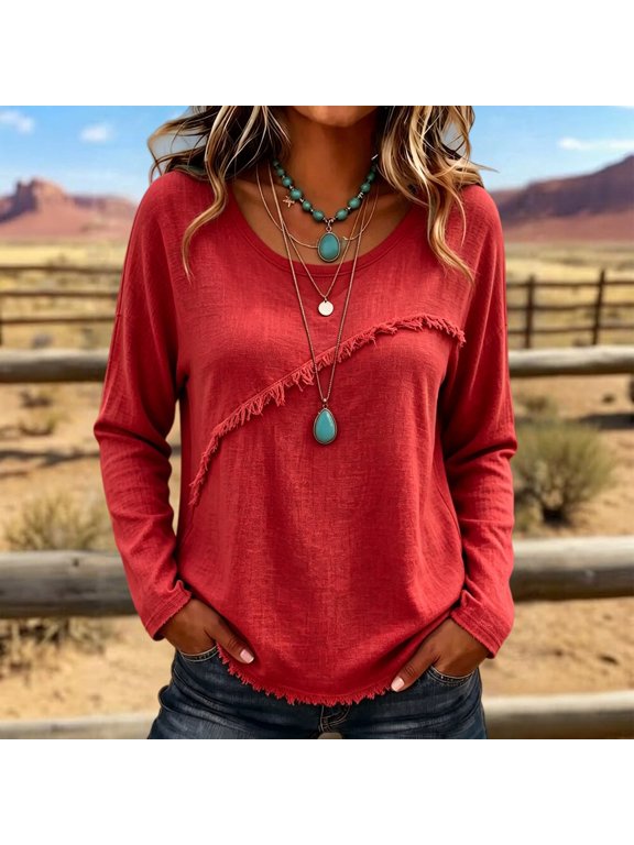 Womens Shirts Crew Neck Long Sleeve Elastic Cuff Diagonal Fringe Frayed Trim Blouses for Women Dressy Casual Daily Leisure Vacation Outfits
