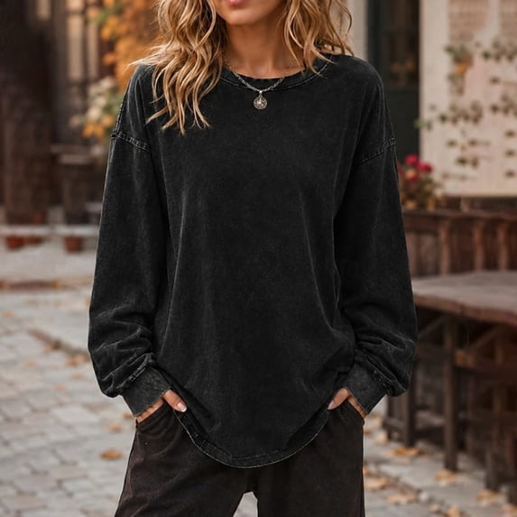 Harpily Womens Shirts Crew Neck Long Sleeve Washed Texture Curved Hem Fall Tops for Women Daily Leisure Vacation Outfits