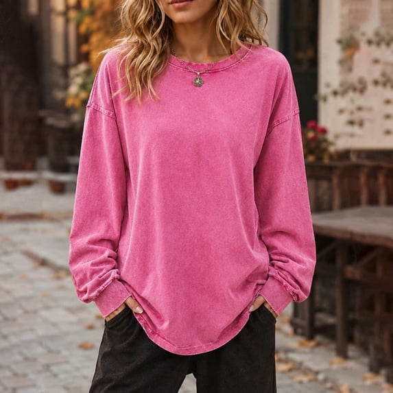 Harpily Womens Shirts Crew Neck Long Sleeve Washed Texture Curved Hem Fall Tops for Women Daily Leisure Vacation Outfits