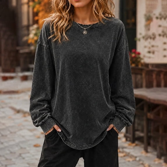 Harpily Womens Shirts Crew Neck Long Sleeve Washed Texture Curved Hem Fall Tops for Women Daily Leisure Vacation Outfits