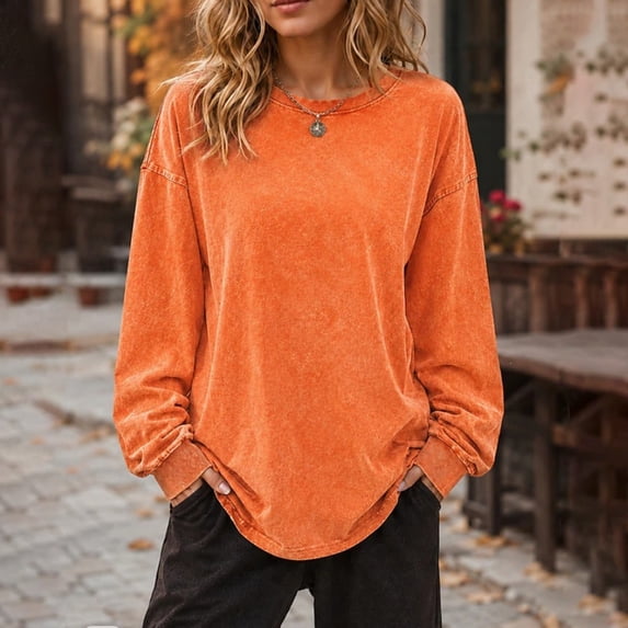 Harpily Womens Shirts Crew Neck Long Sleeve Washed Texture Curved Hem Fall Tops for Women Daily Leisure Vacation Outfits