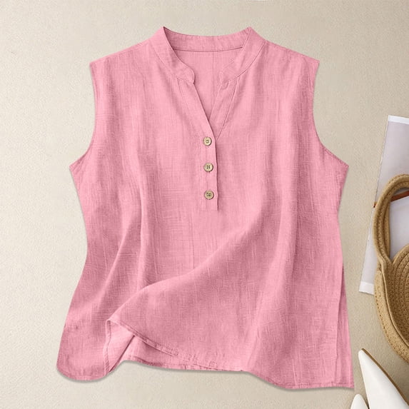 Harpily Womens Tank Tops Sleeveless Solid Color Decorative Buttons Cotton Linen Daily Office Yoga Workout Casual Shirts