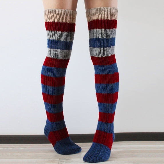Harpily Womens Thigh High Socks Acrylic Knit Leg Warmers With Stripes Patten Christmas Halloween Socks for Party or Daily Use