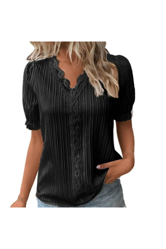 Womens Tops Women Summer Lace V Neck Plain Lace Elegant Shirt Fashion Solid Color Elegant Blouse Short Sleeve Comfy Soft Tee