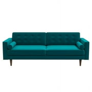 Harriet 84" Mid Century Modern Velvet Sofa Couch, Modern 2 Seater Sofa with 2 Bolster Pillows, Tufted Back Sofa for Living Room Bedroom Apartment Dorm Office, in Turquoise