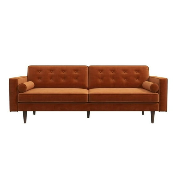 Harriet 84" Mid Century Modern Velvet Sofa Couch, Modern 2 Seater Sofa with 2 Bolster Pillows, Tufted Back Sofa for Living Room Bedroom Apartment Dorm Office, in Orange
