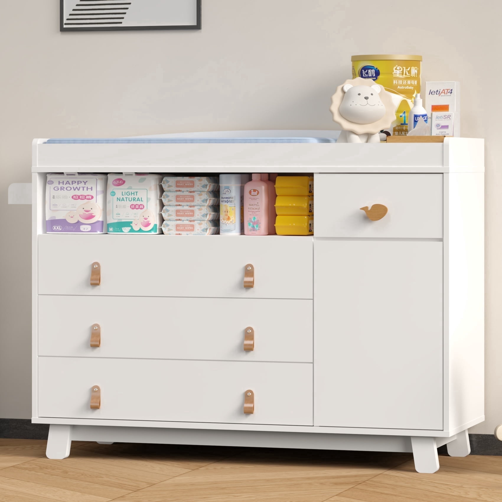 Melidee Baby Dresser with Changing Table, 47" x 17" x 35", 4-Drawer Nursery Organizer with Safety Rail, White