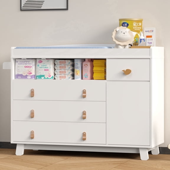 Melidee Baby Dresser with Changing Table, 47" x 17" x 35", 4-Drawer Nursery Organizer with Safety Rail, White
