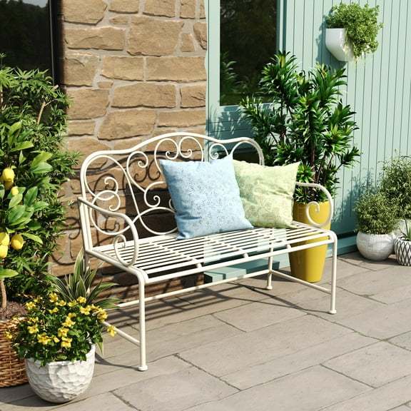 Harriet Classic 41" Outdoor Garden Bench, Iron Frame, Weather-Resistant Patio Bench, Matte White