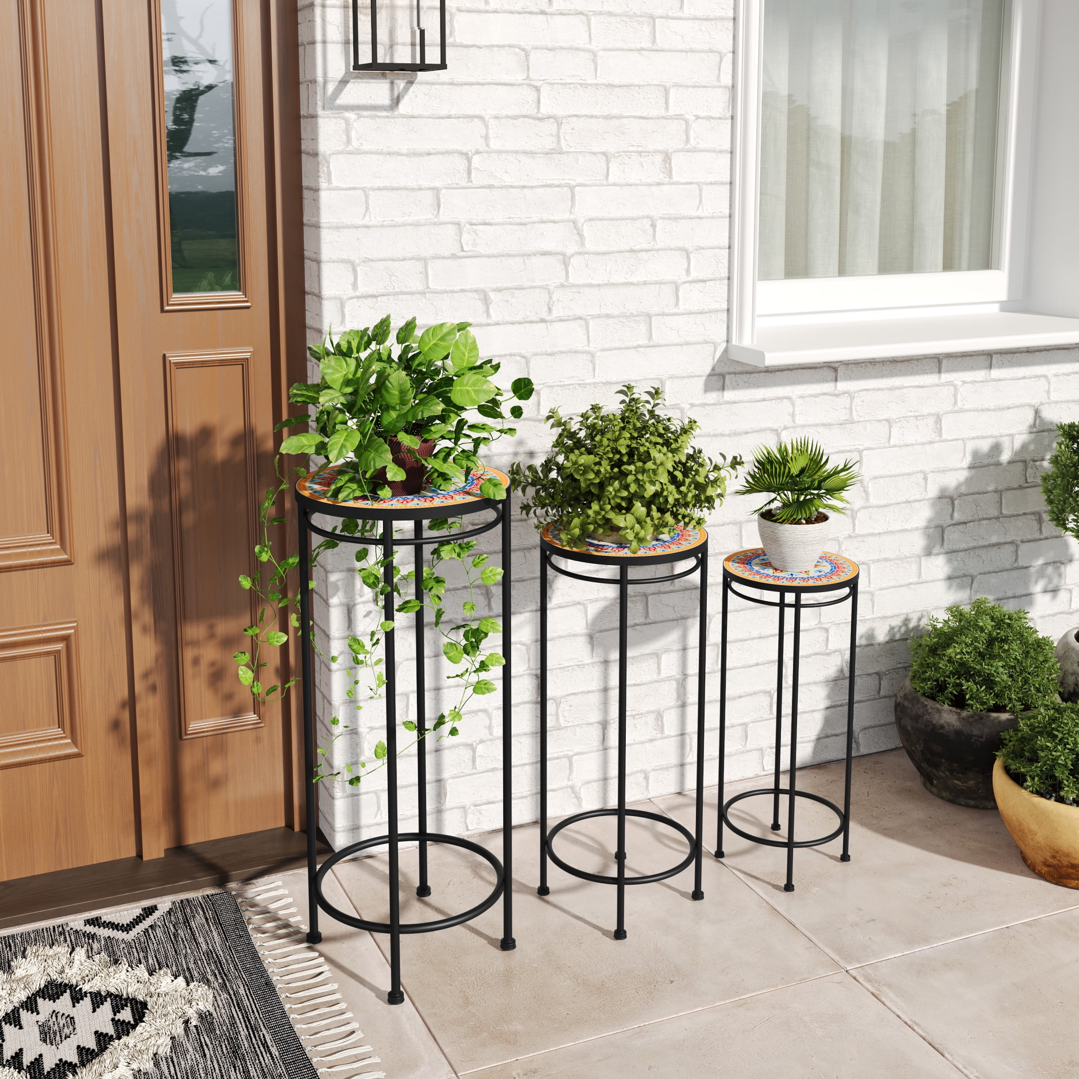 Harriet Mosaic 3 Piece Outdoor Patio Plant Stands Set, Ceramic