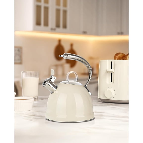 Harriet Stainless Steel Whistling Tea Kettle 2.5 Quart with Ergonomic Handle for Induction Gas Electric Stovetops, Beige White