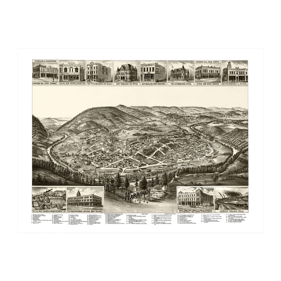 Harriman Art, 1892 Vintage Map of Harriman Tennessee, TN History Wall Decor Gift, Old Harriman Map - 24" x 18" Unframed Print