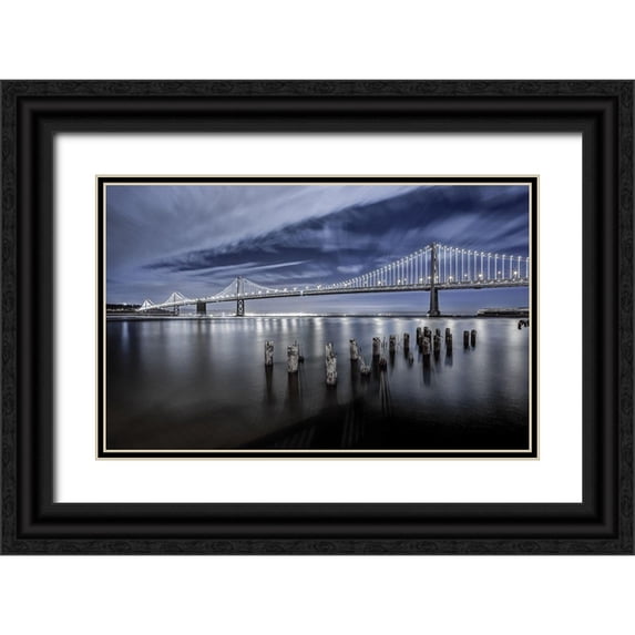 Harriman, Toby 24x17 Black Ornate Wood Framed with Double Matting Museum Art Print Titled - The Bay Bridge Lights San Francisco