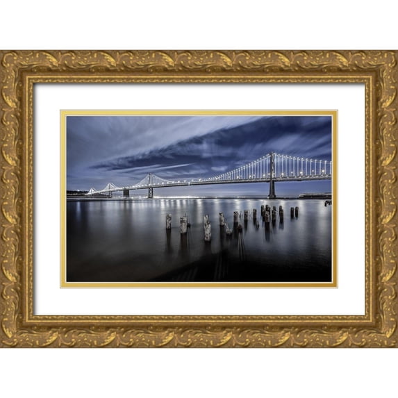 Harriman, Toby 32x22 Gold Ornate Wood Framed with Double Matting Museum Art Print Titled - The Bay Bridge Lights San Francisco