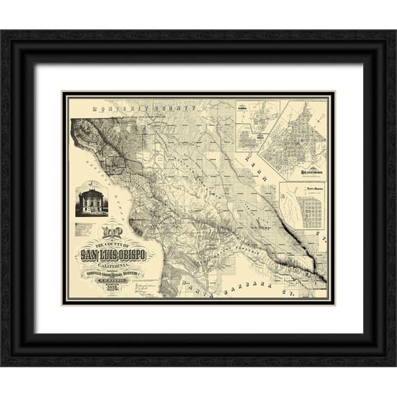 Harris 18x15 Black Ornate Wood Framed with Double Matting Museum Art Print Titled - San Luis Obispo California Landowner - Harris 1874