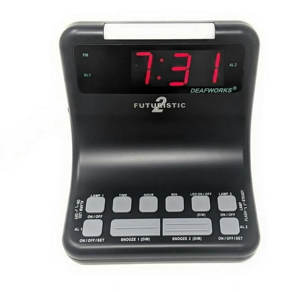 Harris  Deafworks Futuristic 2 Dual Alarm Clock with Flashing or Steady Light mode & Dual USB Charging Ports, Black