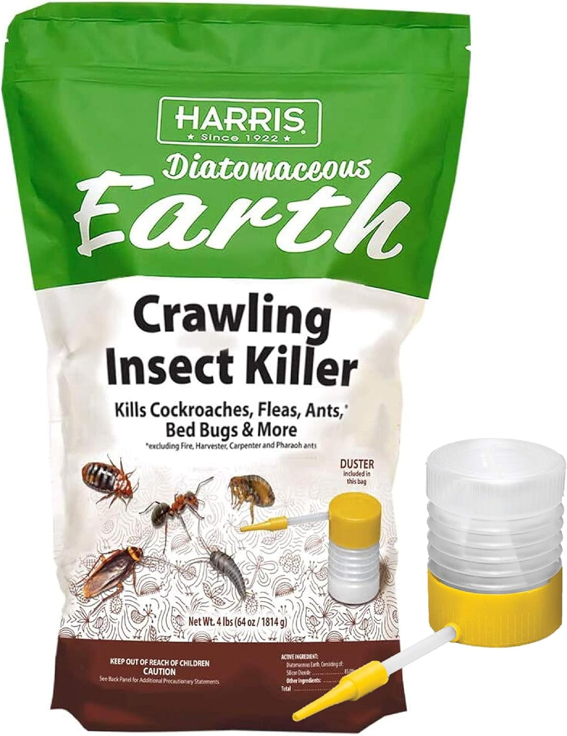 Harris Diatomaceous Earth 4lb, Indoor & Outdoor Ant & Roach Killer with Powder Duster