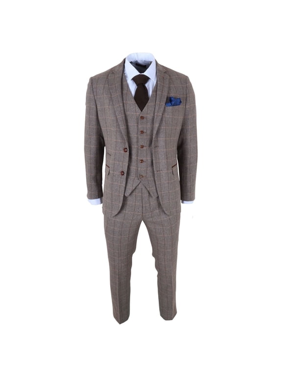 Harris - Men's Brown 3 Piece Herringbone Check Tweed Suit