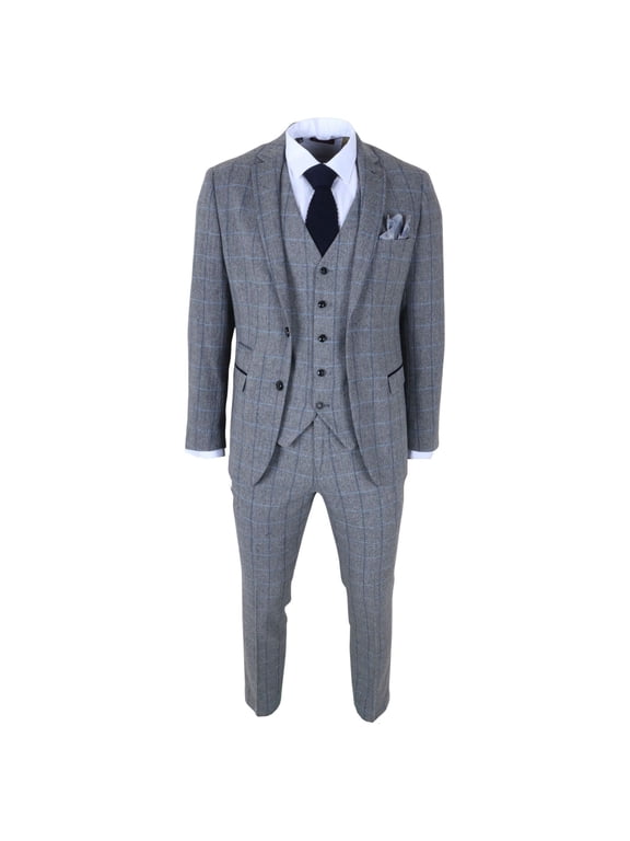 Harris - Men's Grey 3 Piece Herringbone Check Tweed Suit