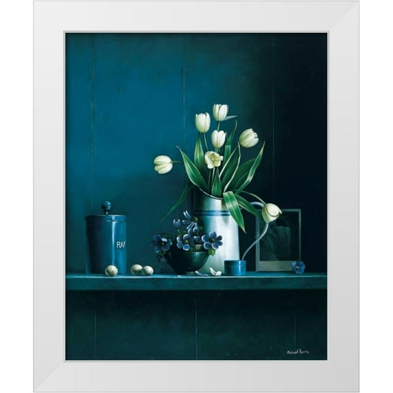Harris, Michael 26x32 White Modern Wood Framed Museum Art Print Titled - Stillife in blue with tulips