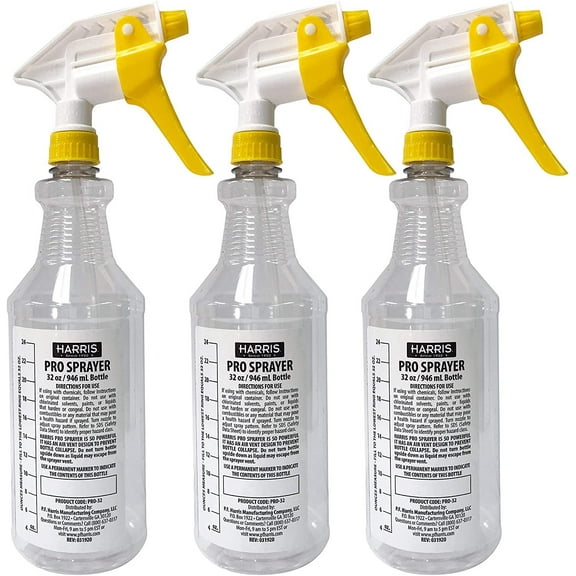 Harris Professional Spray Bottle 32oz 3-Pack, All-Purpose with Clear Finish, Pressurized Sprayer, Adjustable Nozzle and Measurements