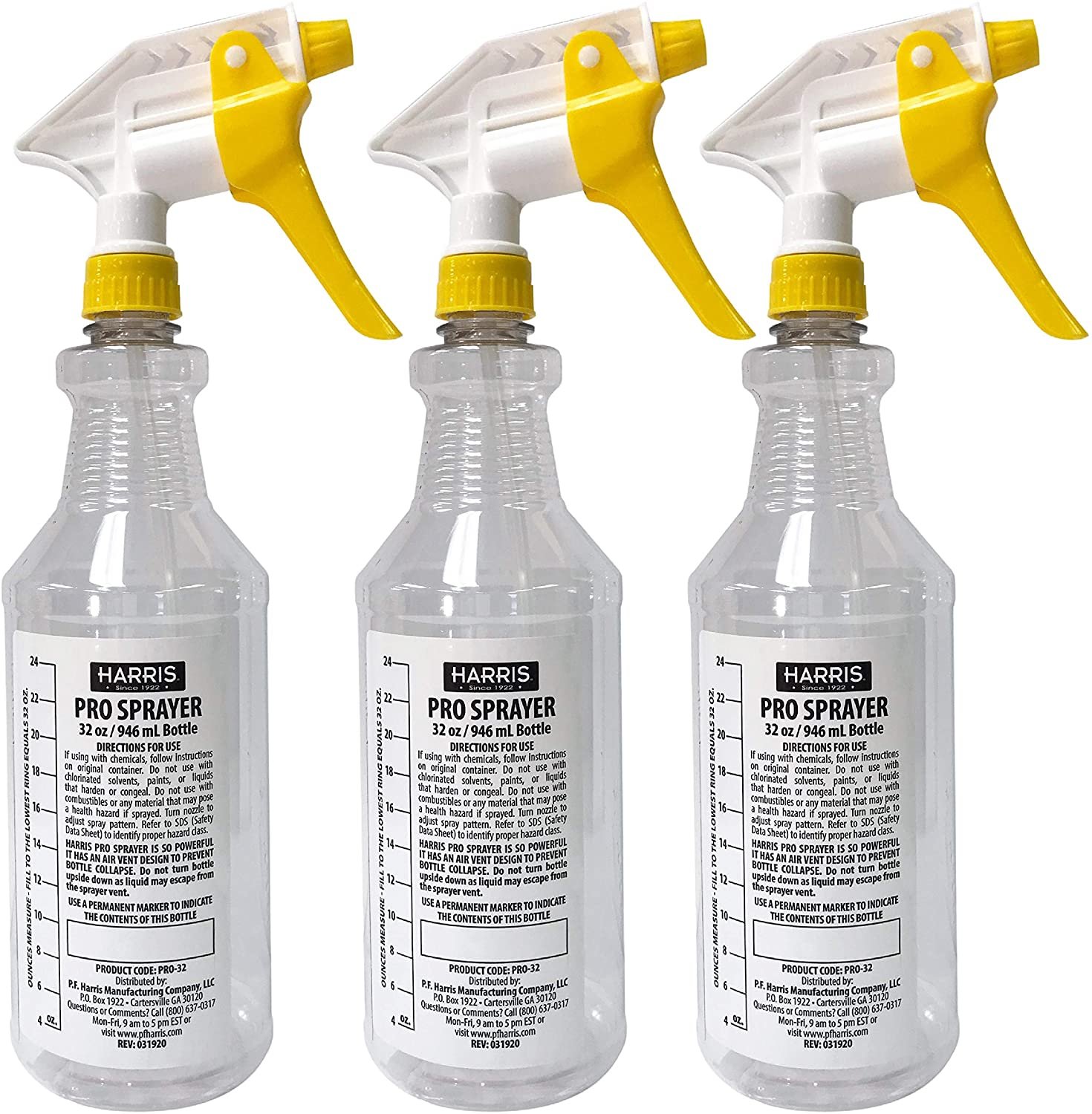 Harris Chemical Resistant Pro Spray Bottle – 32 Oz, Adjustable Nozzle, 4 Pack