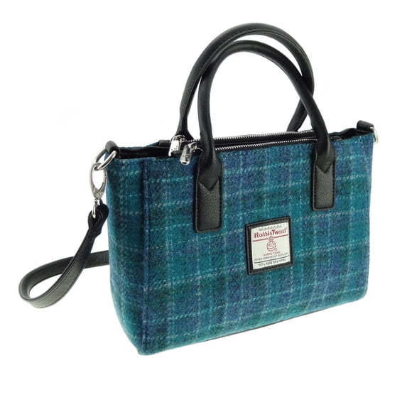Harris Tweed Wool 'Brora' Small Tote Handbag for Women, Adjustable Shoulder Strap, Made in Scotland, Blue Basket Weave