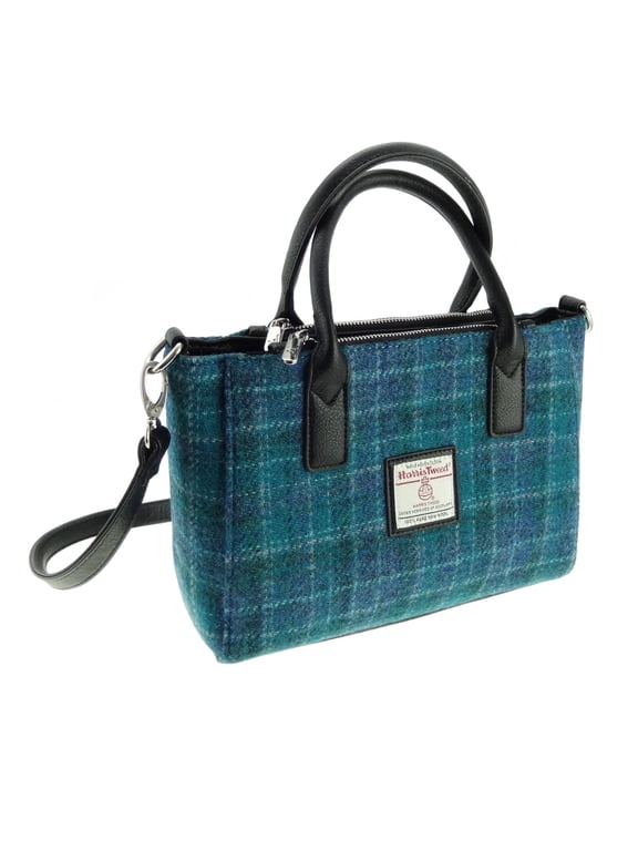 Harris Tweed Wool 'Brora' Small Tote Handbag for Women, Adjustable Shoulder Strap, Made in Scotland, Blue Basket Weave