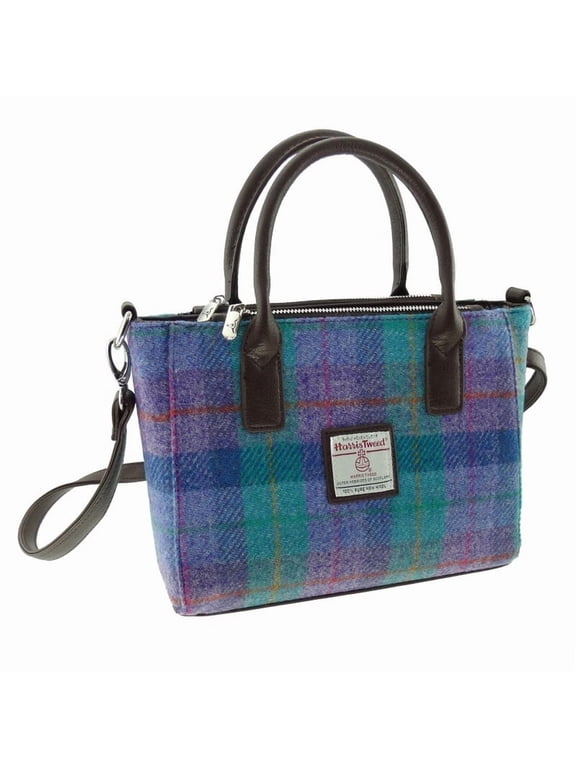 Harris Tweed Wool 'Brora' Small Tote Handbag for Women, Adjustable Shoulder Strap, Made in Scotland, Green & Purple Tartan