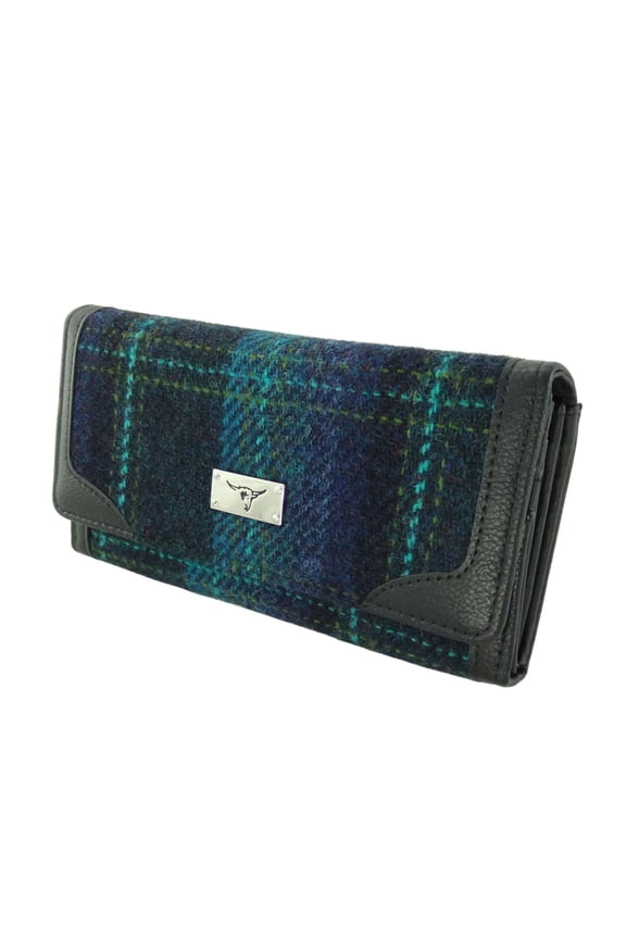 Harris Tweed Wool Wallet for Women, Scottish Tartan Long Purse, Multiple Card Holders & Zipper Compartment, Made in Scotland, Blue with Turquoise Overcheck
