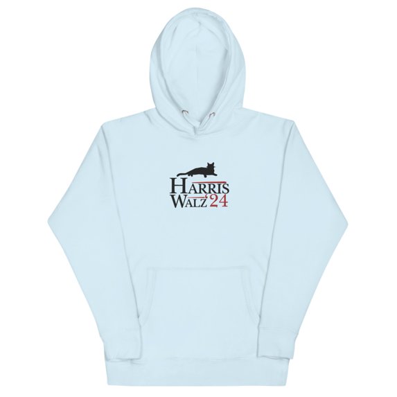 Harris Walz 2024 Lazy Cat Lady Flag Democrat Embroidered Hoodie (Sky Blue, 3XL)