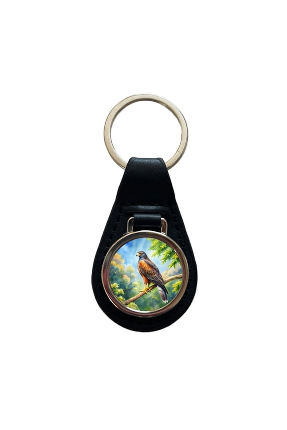 Harris's Hawk Raptor Bird Of Prey In Tree Watercolor Metal Black Leather Keychain