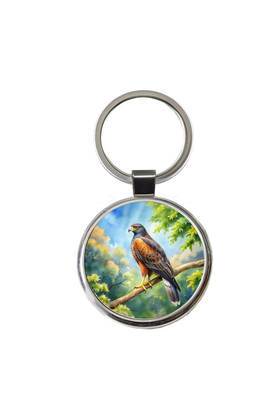 Harris's Hawk Raptor Bird Of Prey In Tree Watercolor Metal Round Keychain
