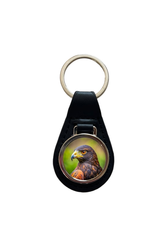 Harris's Hawk Raptor Bird Of Prey Metal Black Leather Keychain