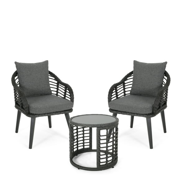 Harrisburg Outdoor Modern Boho 2 Seater Wicker Chat Set with Side Table, Gray and Black