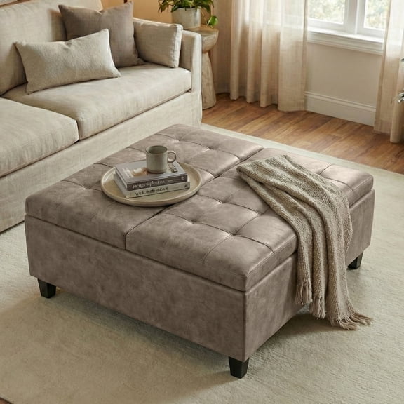 Harrison 36 inch Wide Transitional Coffee Table Storage Ottoman in Distressed Smoky Grey Brown Faux Leather