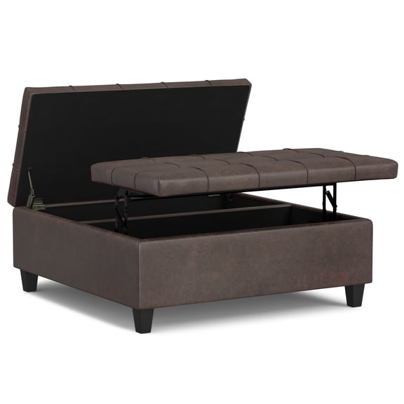 Harrison 40 inch Wide Large Square Coffee Table Storage Ottoman in Distressed Brown Vegan Leather
