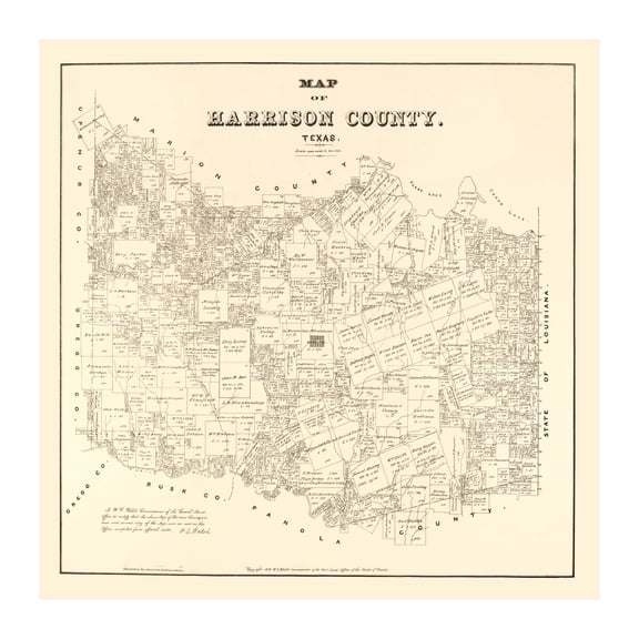 Harrison County Texas Art, 1879 Vintage Map of Harrison County TX History Wall Decor Gift, Old Harrison County TX Map - 42" x 42" Unframed Print