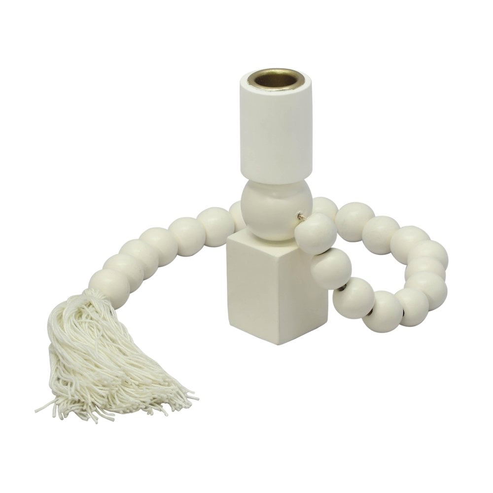 Cream Wooden Beaded Tassel Candlestick