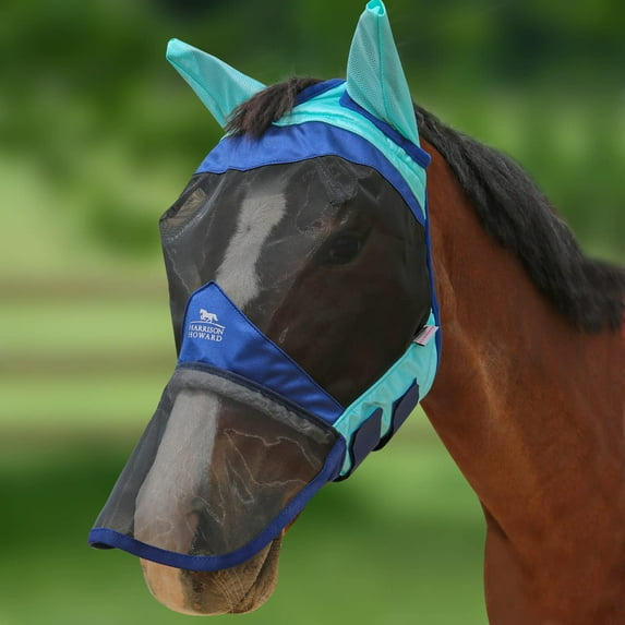 Harrison Howard Horse Fly Mask Long Nose with Ears-Summer Mint/Navy (M; Cob)