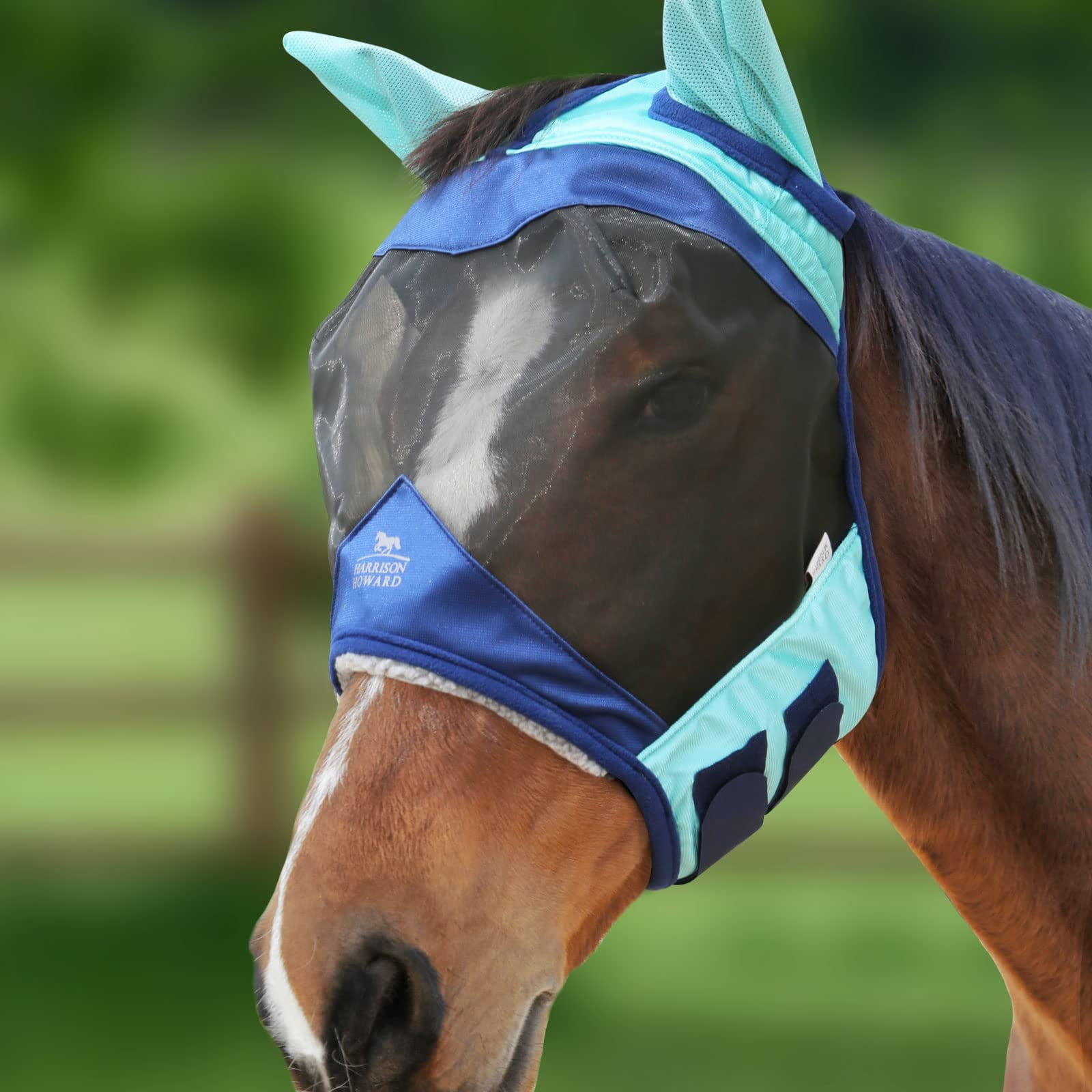 Harrison Howard Masque Anti-Mouches Standard Avec Oreilles – Fuchsia/Bleu Marine, Taille Cob, Fermeture Tactile, Respirant