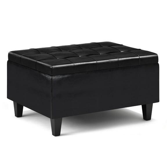Harrison Small Coffee Table Storage Ottoman - Midnight Black Faux Leather, Rectangular Upholstered Footstool with Large Compartment, Durable Living Room Accent Furniture, Easy Assembly