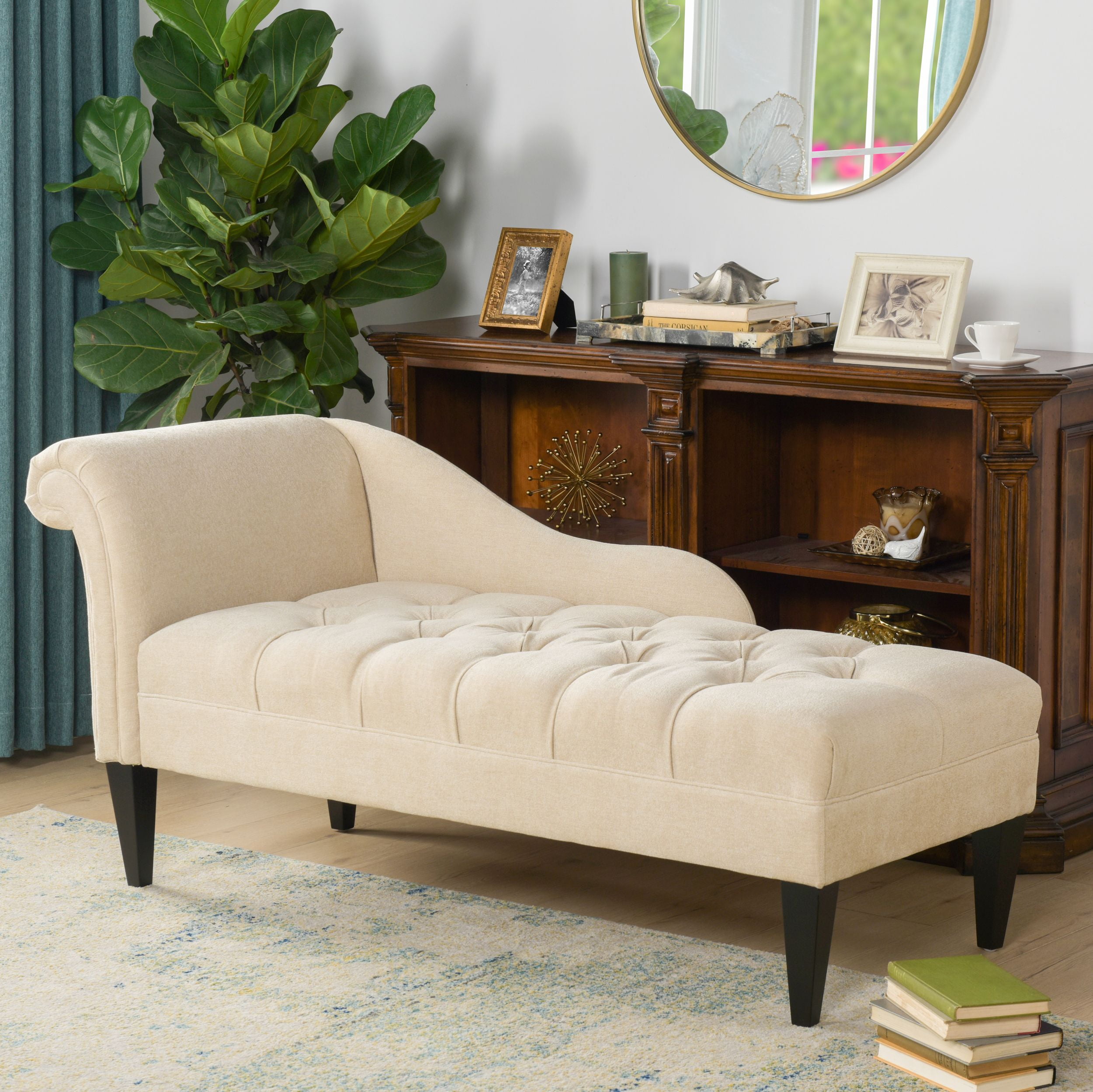 Beige Handcrafted Wood Chaise Lounge with Rolled Arm