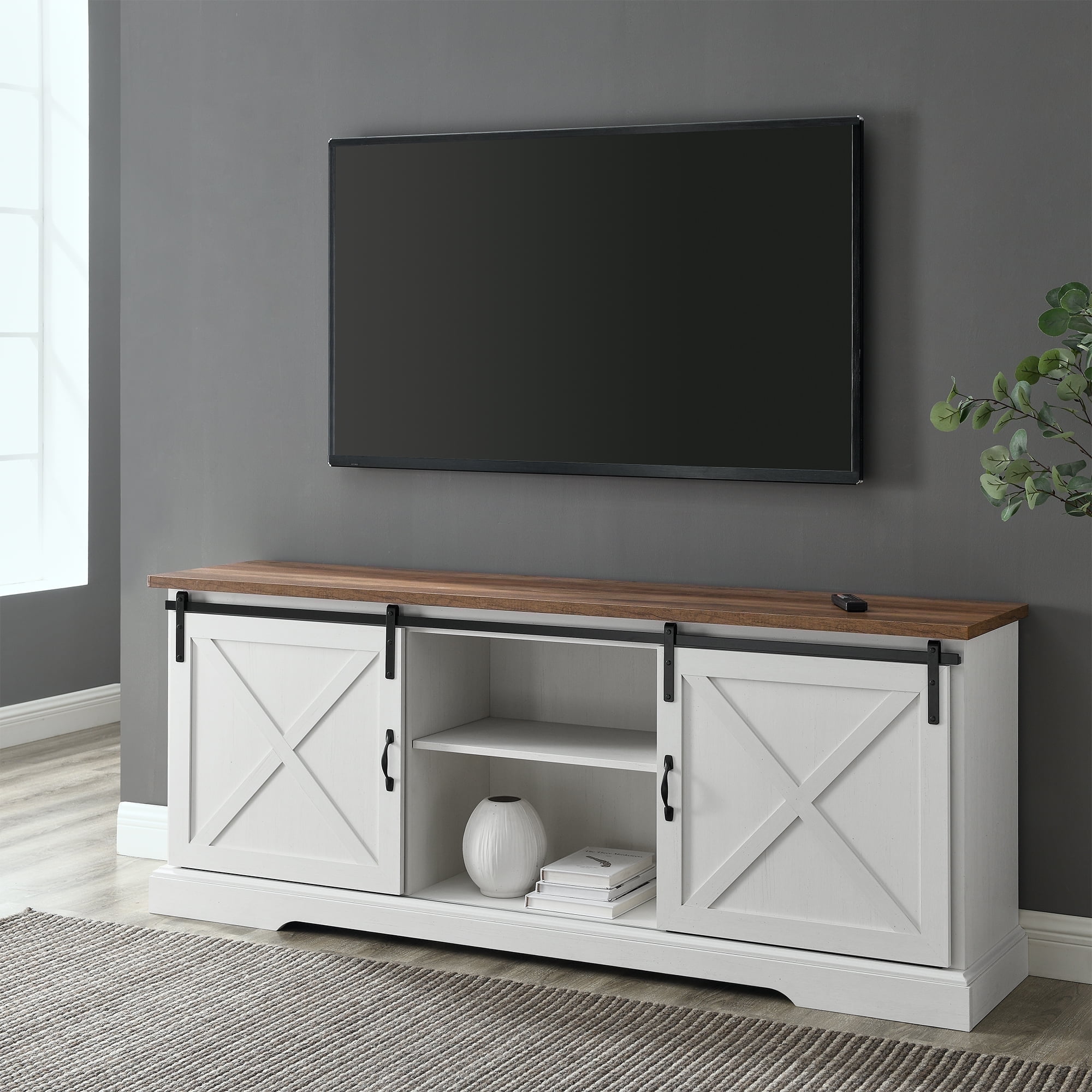 Harrison White Modern Farmhouse Sliding Door TV Stand by Walker Edison
