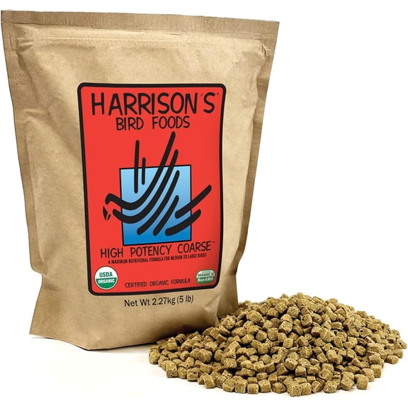 Harrison's Bird Foods High Potency CoarseMaximum Nutritional Formula for Medium to Large Birds, Certified Organic Non-GMO Pet Bird Food, Vet-Developed, Suitable for All Life Stages, 2.27 kg/ 5 lb